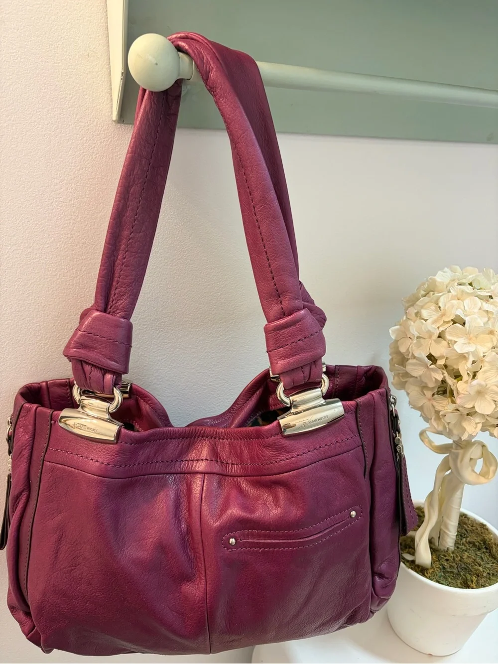 NWOT b. makowsky Plum Leather Shoulder Bag with Silver-Tone Accents